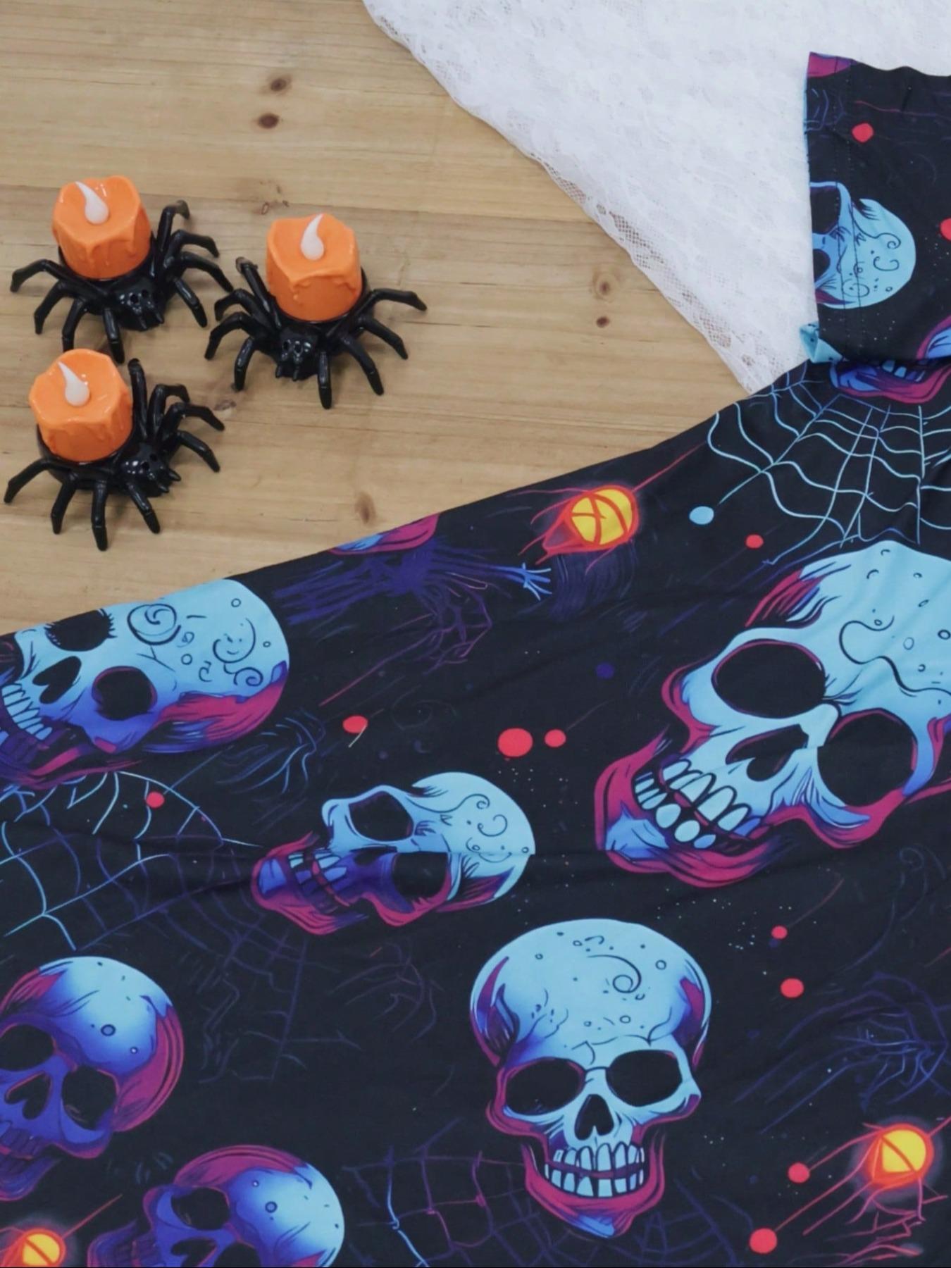 Summer Women's Short Sleeve Hollow Out Spaghetti Strap Fashion Elegant Fitted Halloween Skull Print Dress, Lady, Casual Cut Out, Comfortable Fit, Stylish and Trendy, Perfect for Casual Wear, Womenswear