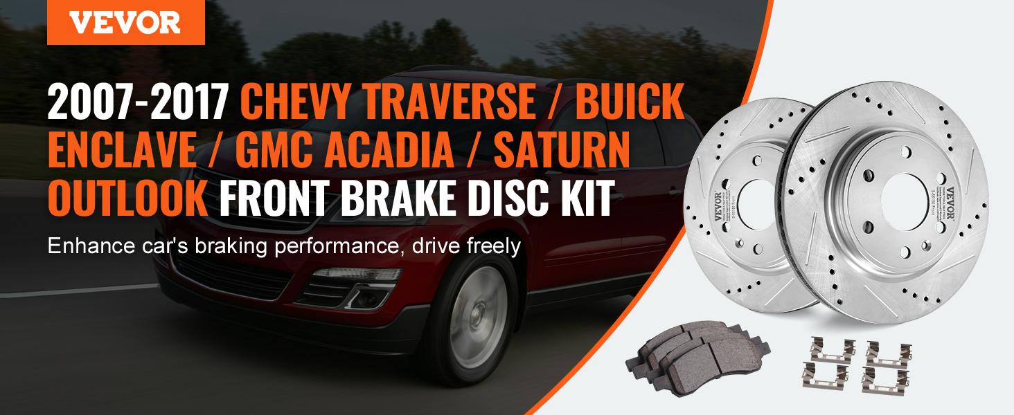 VEVOR Front Brake Kit Compatible with 2007-2017 Chevy Traverse, Buick Enclave, GMC Acadia, Saturn Outlook, Drilled and Slotted Brake Rotors Ceramic Brake Pads Replacement Kit, 12.8 Front Rotors