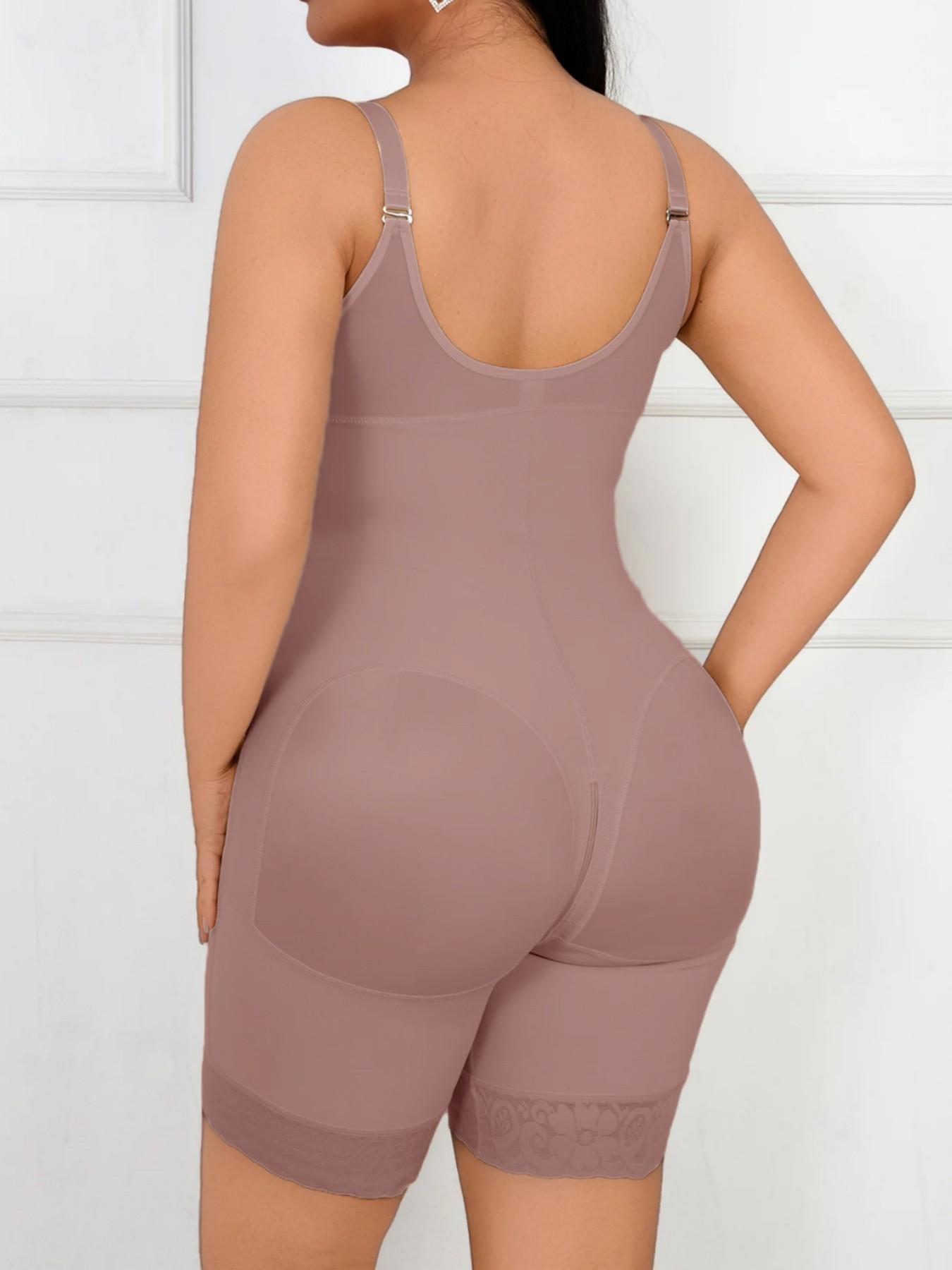 Lace Tummy Control Shapewear Bodysuit, Fajas, Colombian Shapewear, High Compression Shapewear, Butt Lifter Body Shaper With Zipper Crotch, Detachable Shoulder Strap Jumpsuit, Solid Waist Trainer, Underwear, Suitable For Daily Wear, Fitness