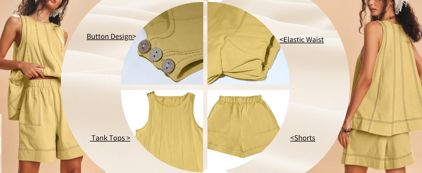 SCUSTY Women's Two Piece Outfit Cotton Matching Set A-Line Sleeveless Tank Tops and High-Waist Shorts with Pockets