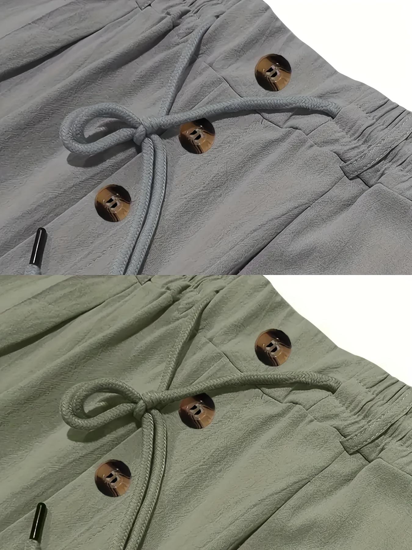 2 pieces men's plain-colored linen casual straight-leg pants, Casual Comfy Fashion, for spring, summer and autumn, with drawstring and faux buttons design, lightweight breathable, suitable for daily commuting, outdoor travel, fitness