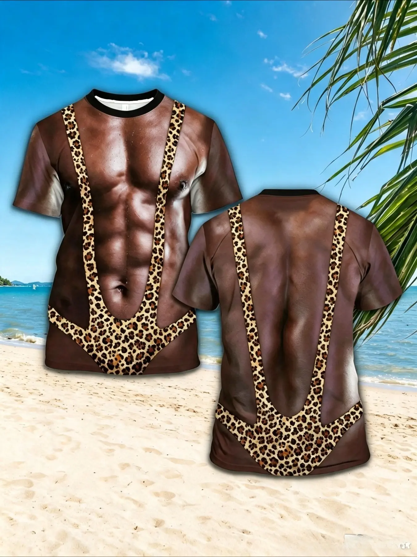 3D Realistic Chest Hair Print, Straps & Rooster Design, Round Neck Summer Men's Party Shirt, Halloween, Bar Prank, Short Sleeve