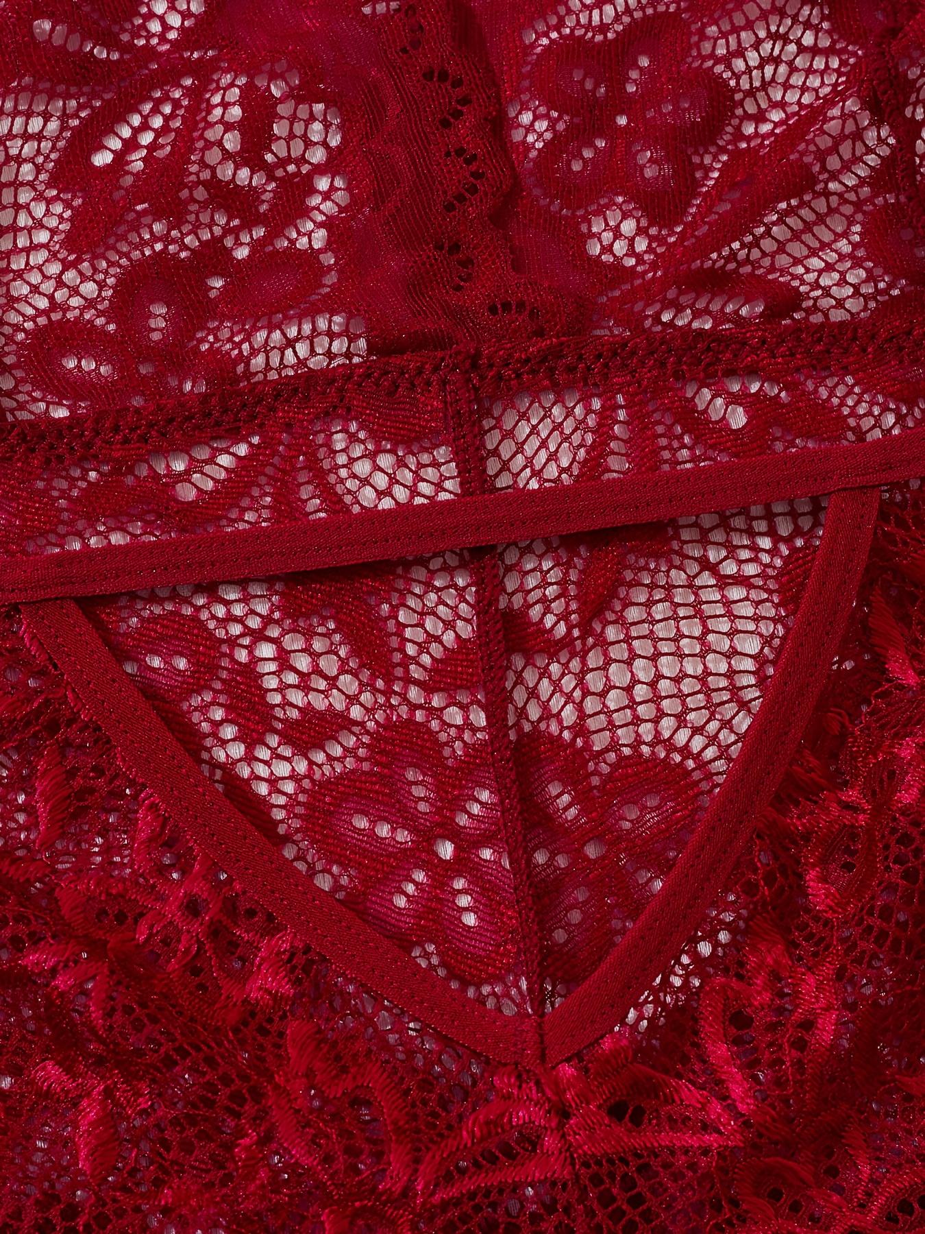 [Plus Size] Sheer Halter Neck Floral Lace Bodysuit, Sexy Backless Tie Back Deep V Neck Open Crotch Design Bodysuit, Women's Sleepwear & Loungewear Lingerie for All Seasons