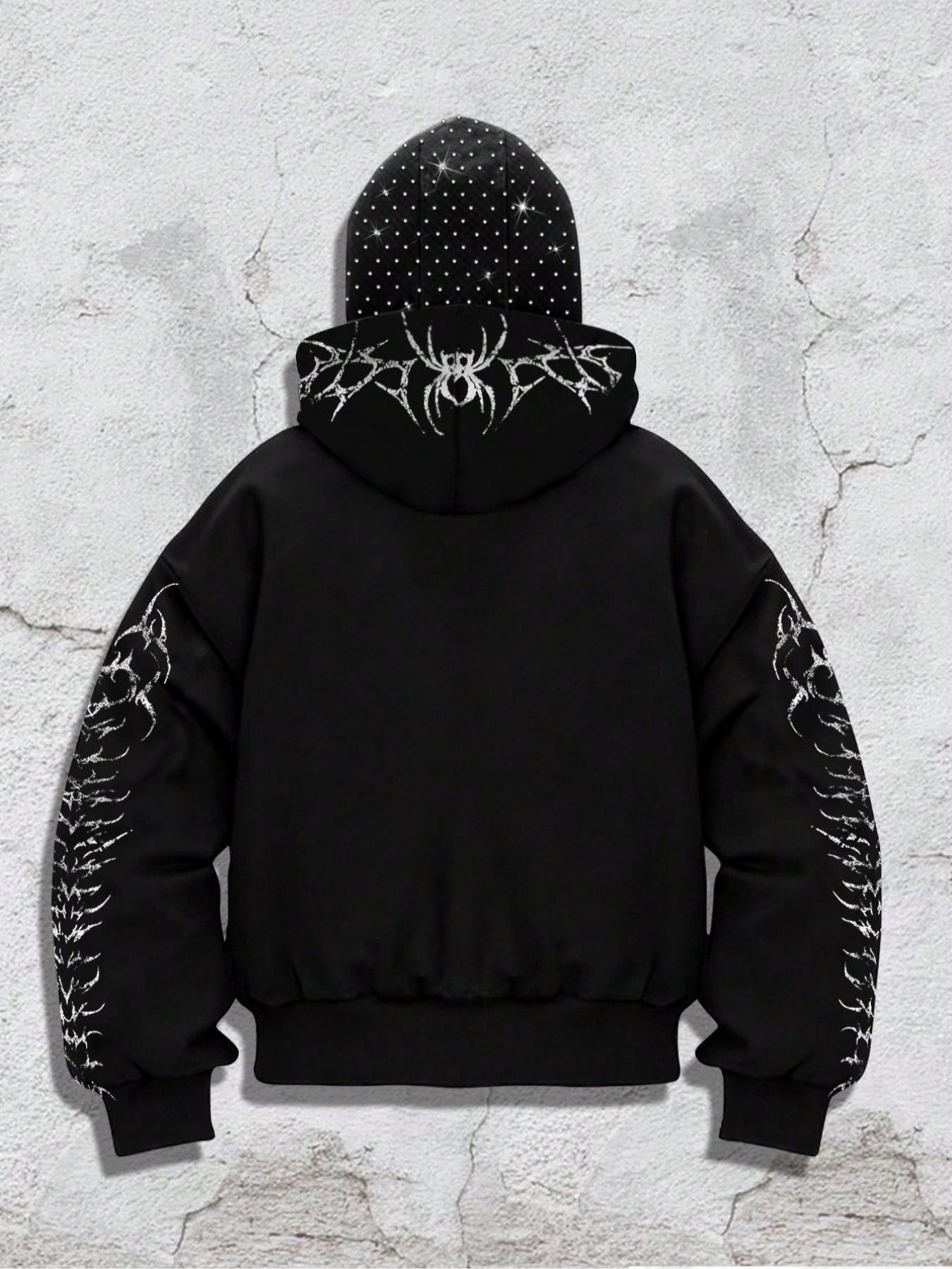 Shining rhinestones, windproof hat zipper hoodie for men, Gothic style skeleton cardigan hoodie for men and women, European and American street casual fashion brand jacket, autumn and winter velvet hoodie, party nightclub Instagram style