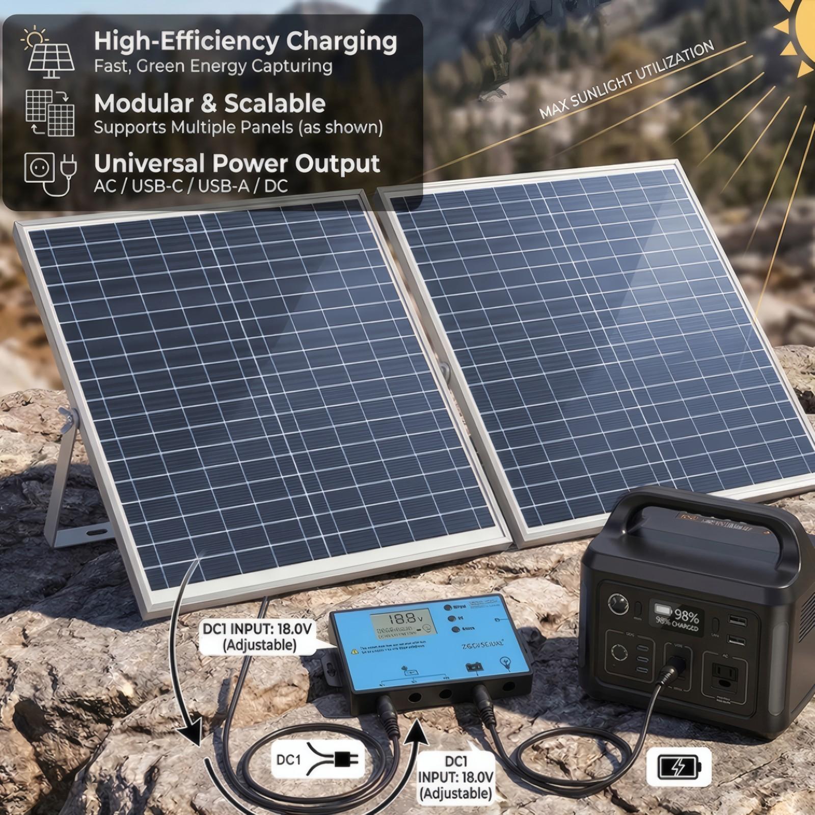 Portable Solar Panel with 50A/100A Controller, 1 Set 20W Solar Panel Charger, Outdoor Solar Panel Kit for Mobile Power, Camping, Hiking, Car, Boat, Phone, Monitoring