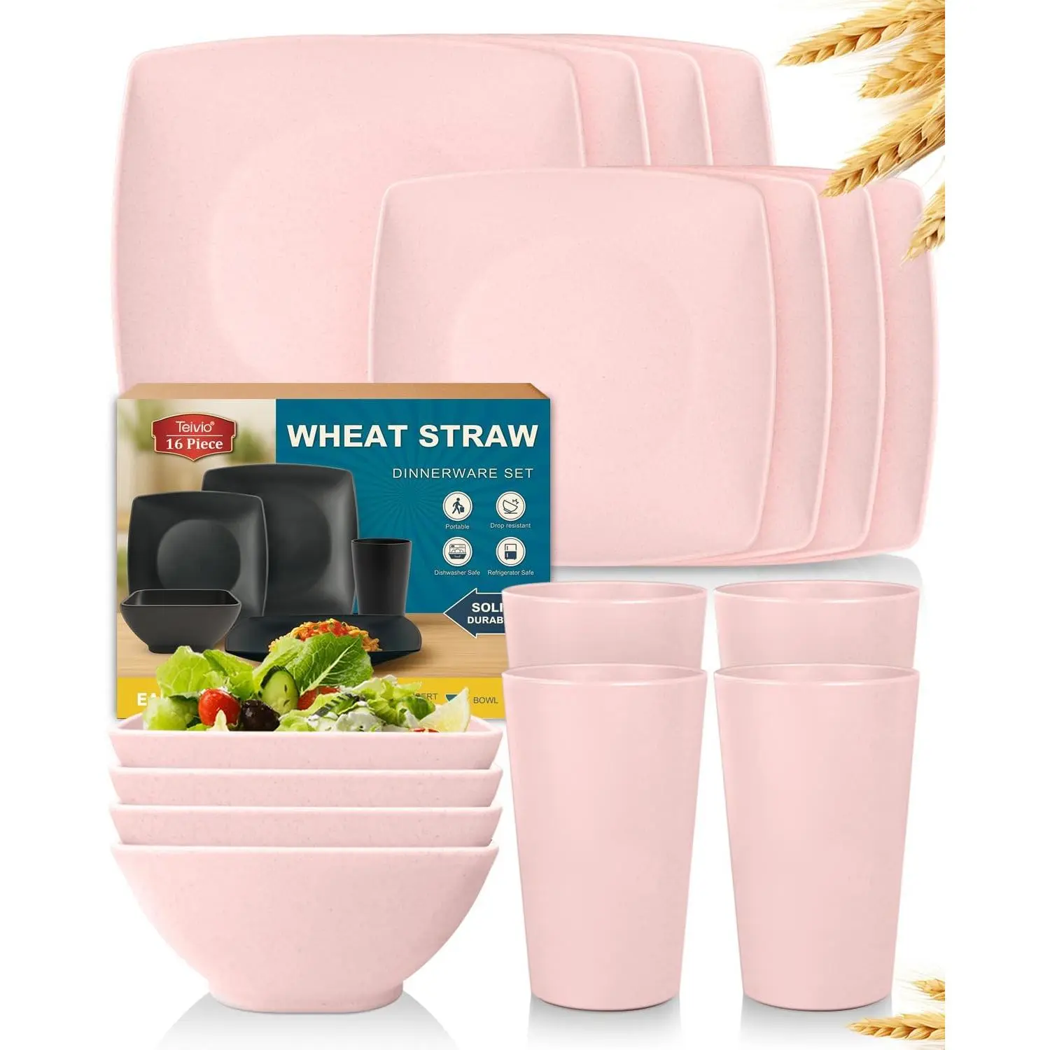 16-Piece Square Wheat Straw Plastic Dinnerware Set for 4 - Square Plates, Salad Plates, Snack Bowls, 13.5oz Tumblers, Unbreakable, Dishwasher Safe, RV Camping Camp Kitchen Accessories (Pink)