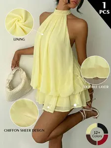 Women's Summer Fashion Everyday Party Halterneck Lace-up Mini Dress Home Outdoor City Slim Trend Casual Elegant Youth Simple Versatile Texture Temperament Natural Literary Art Short Dot Chic