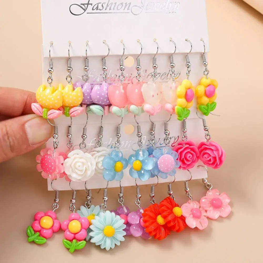 Aihua  New In Mix 10pcs Cute Sweet Flower Earrings Lovely Resin Petal Flowers Dangle Earrings for Woman Kids Jewelry Gifts