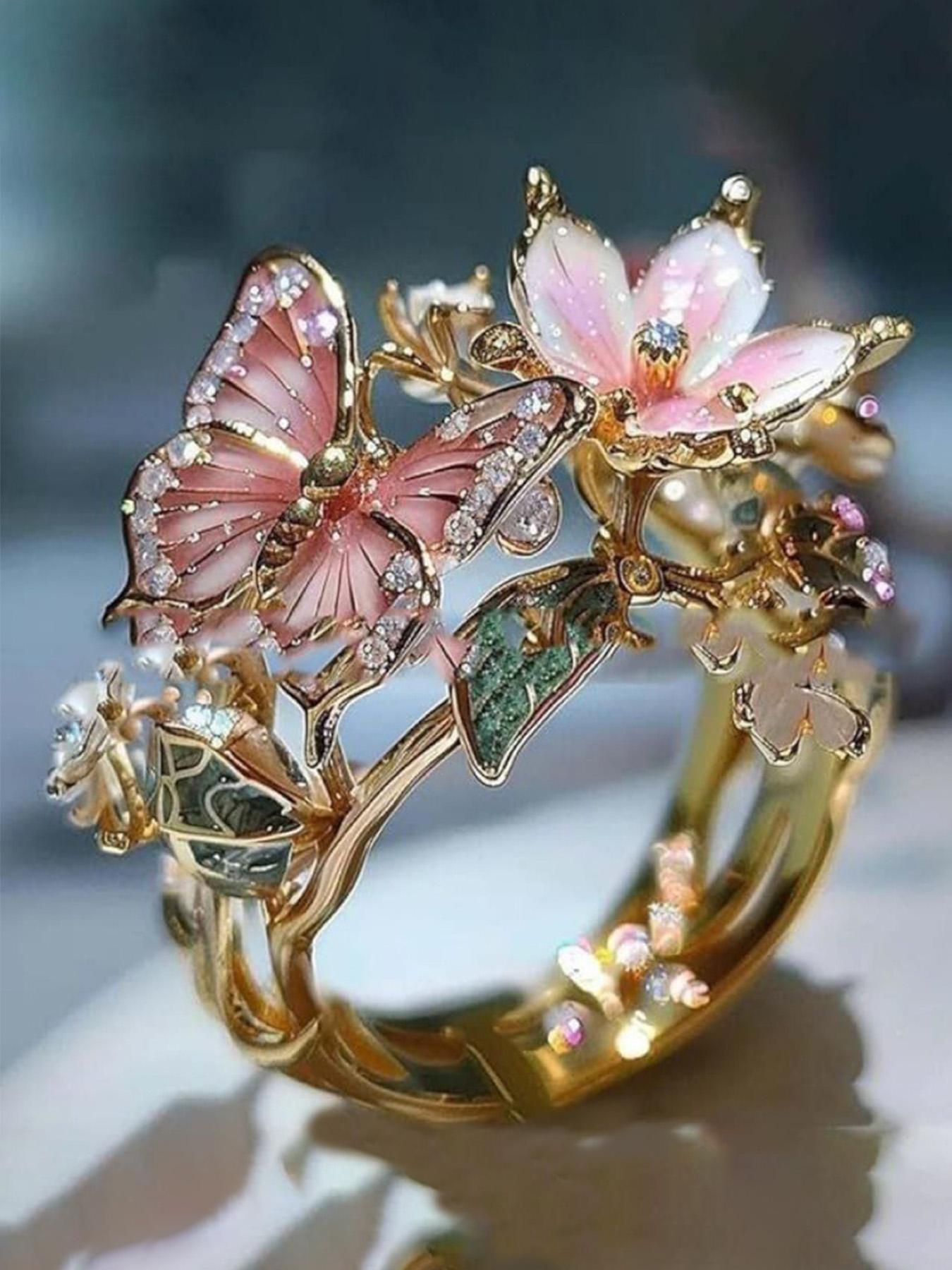 Mother's Day Gift Butterfly Flower Oil Drop Ring for Women, Statement Ring, Elegant Casual Ring, Leaf Accents, Floral Design, Daily Fashion Accessory, Perfect Holiday Gift