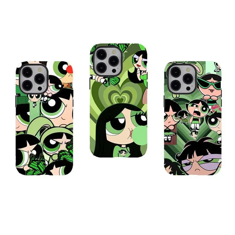 [No magnetic] P0w3rpuff Girls Buttercup Green Collage Phone Cases,2000s Nostalgia Aesthetic Dual-Layer design durable phone Cover,for iPhone 17 16 15 14 13 12 11 8 7 for Samsung Series,Shockproof Protective hard Cover,perfect gift for her