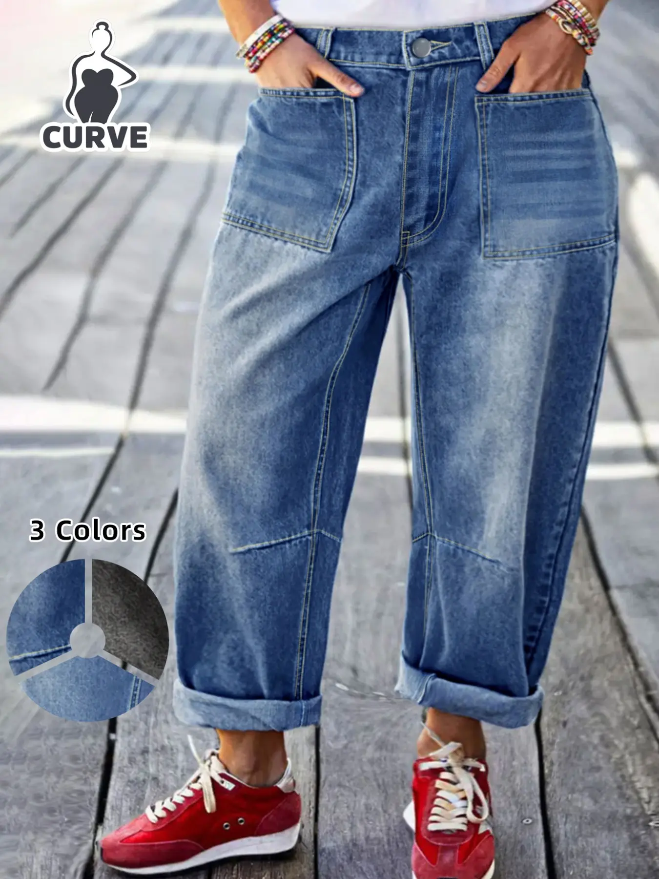 Plus Size Light Wash High Waist Denim Jeans, Relaxed Cuffed Cropped Baggy Pants, Vintage Coastal Casual Utility Wear for Women
