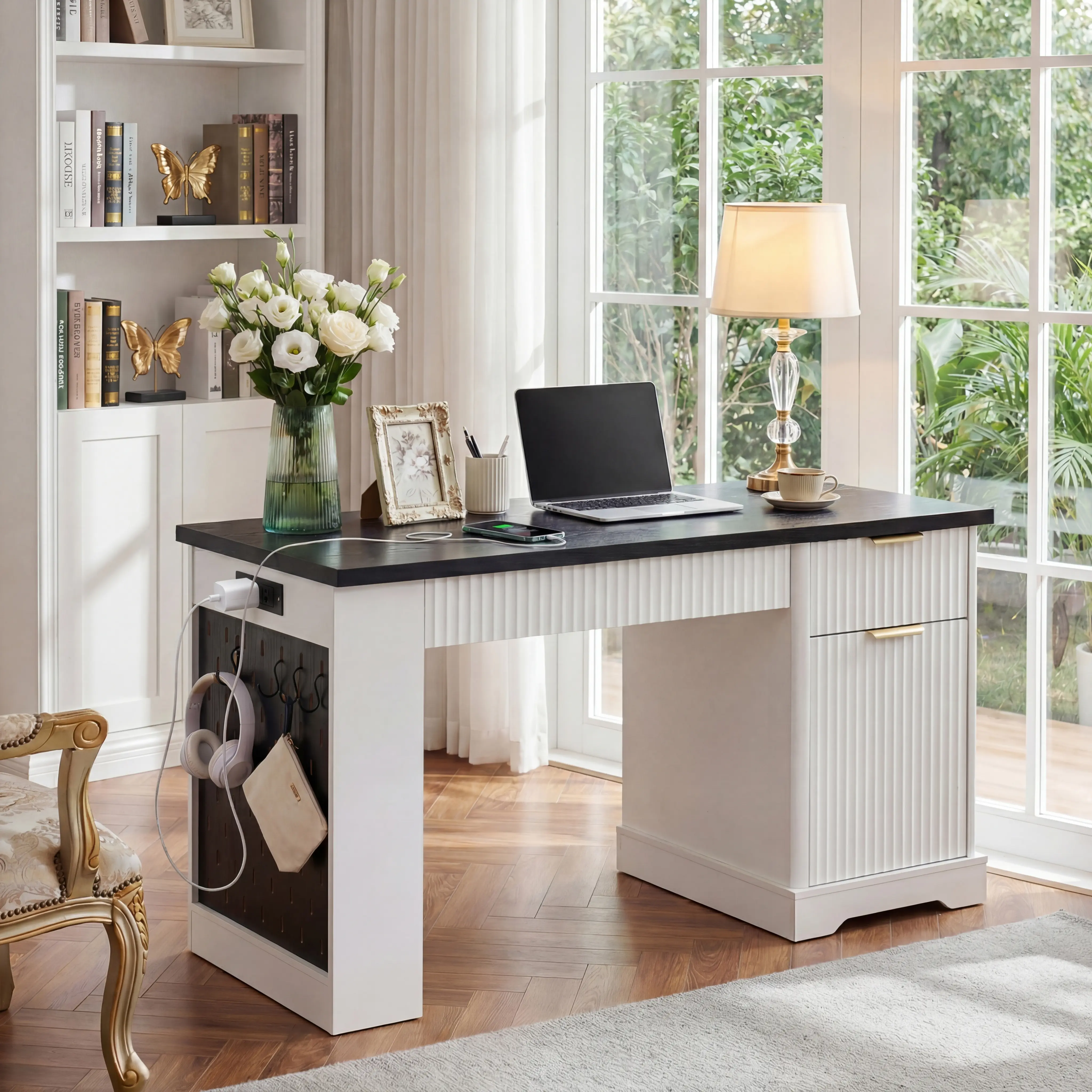 Nokaa 55" Modern Fluted Office Desk with Storage Cabinet, Pegboard, Power Outlet, Keyboard Tray, Built-in Shelves for Study Home Office, White MDF, Multiple Options