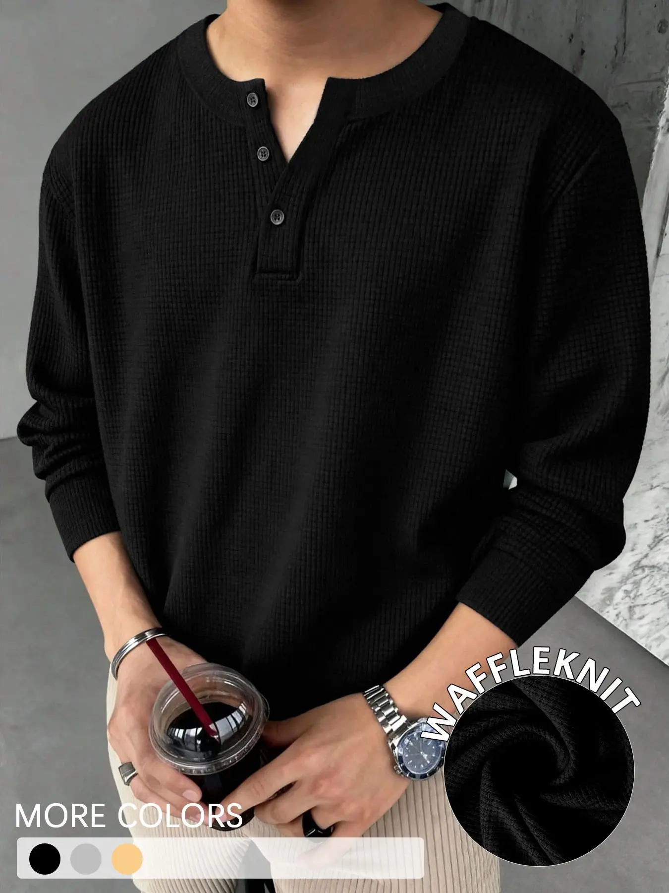 Men's Black Waffle Knit Henley Long‑Sleeve Top, Partial Button Henley Shirt, Textured Casual Blouse, For Cafe Gatherings, Neighborhood Wandering, Casual Social Meetups