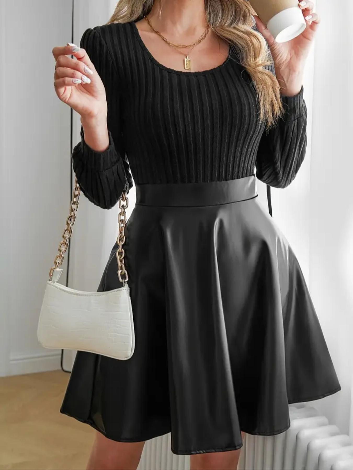 New European Style Casual Women's Patchwork A-Line Dress, Elegant Long Sleeve Maxi Dress, Perfect for Spring & Fall Seasons