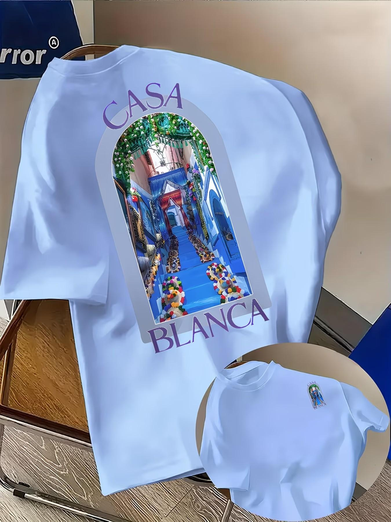 "casablanca" Creative Animal Print Men's Round Neck Short Sleeve, Comfortable Material, Fashion Trendy, Suitable for All Seasons