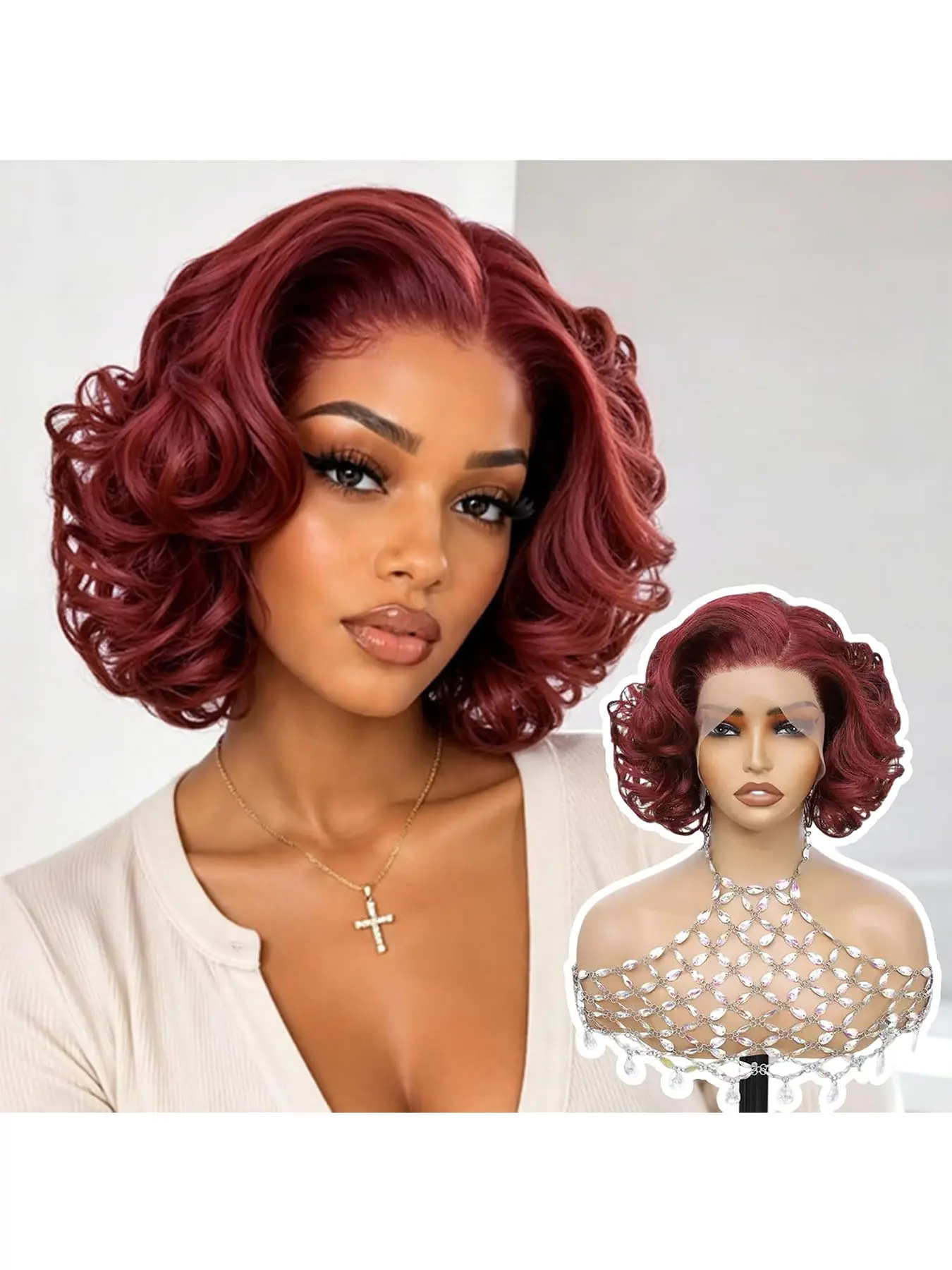 [Super Deal] Short Bob Wig Burgundy Loose Body Wave Synthetic 13x4 Lace Front Wigs Heat-Resistant Hair 200% Density 13x4 HD Transparent Lace Front Wigs Pre Plucked Hairline Suitable To Wear On Daily Or Holiday Occasions Wig
