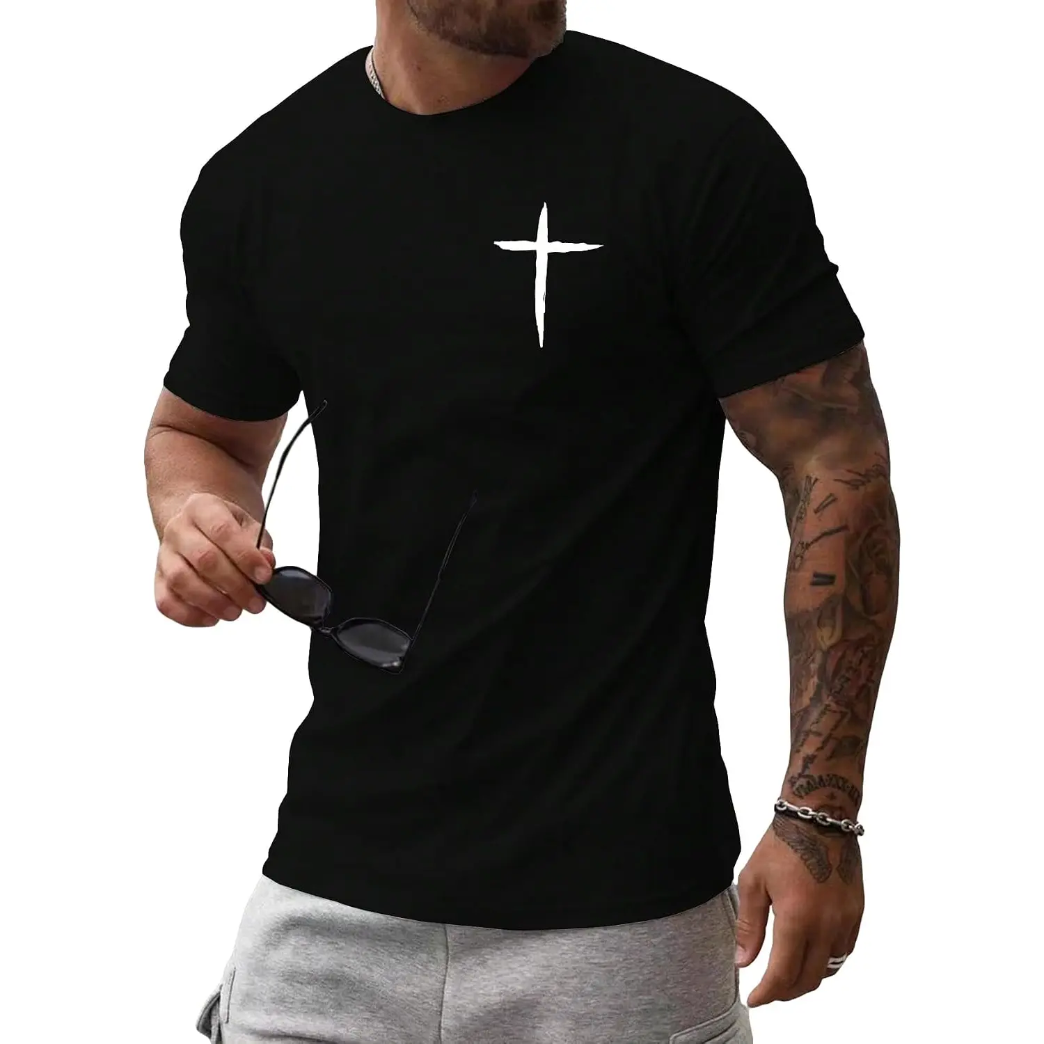 Cross Print Christian Mens Standard Fit T Shirt Church Worship Apparel Sunday Prayer Gathering Spiritual Believer Holy Devotion Faith Graphic