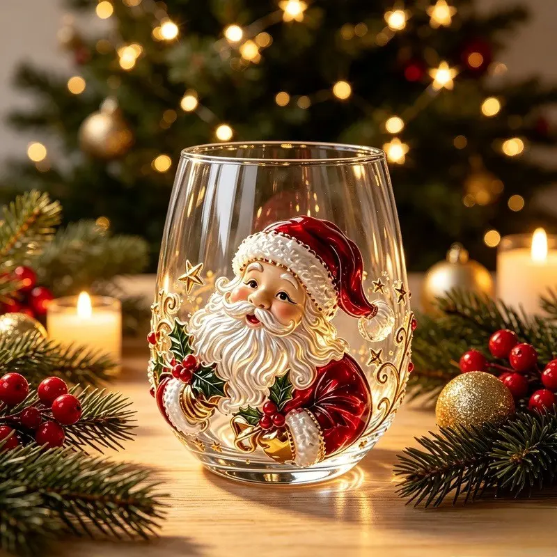 Vintage 3D Embossed Santa Glass Cup, Christmas Decorative Art Glassware, Holiday Tabletop Ornament Gift, Perfect for Festive Celebrations
