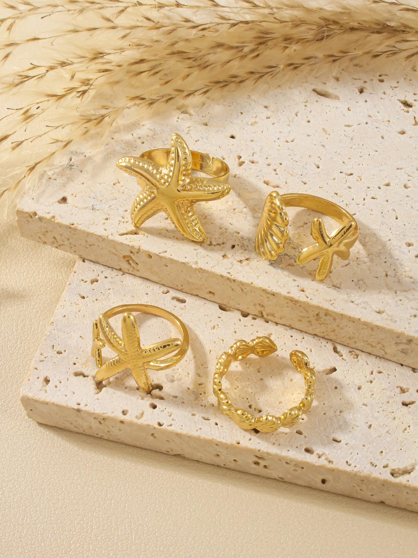 4 Piece Starfish Shell Rings Set, Elegant Sea Inspired Jewelry for Women, Perfect Gift for Beach Lovers