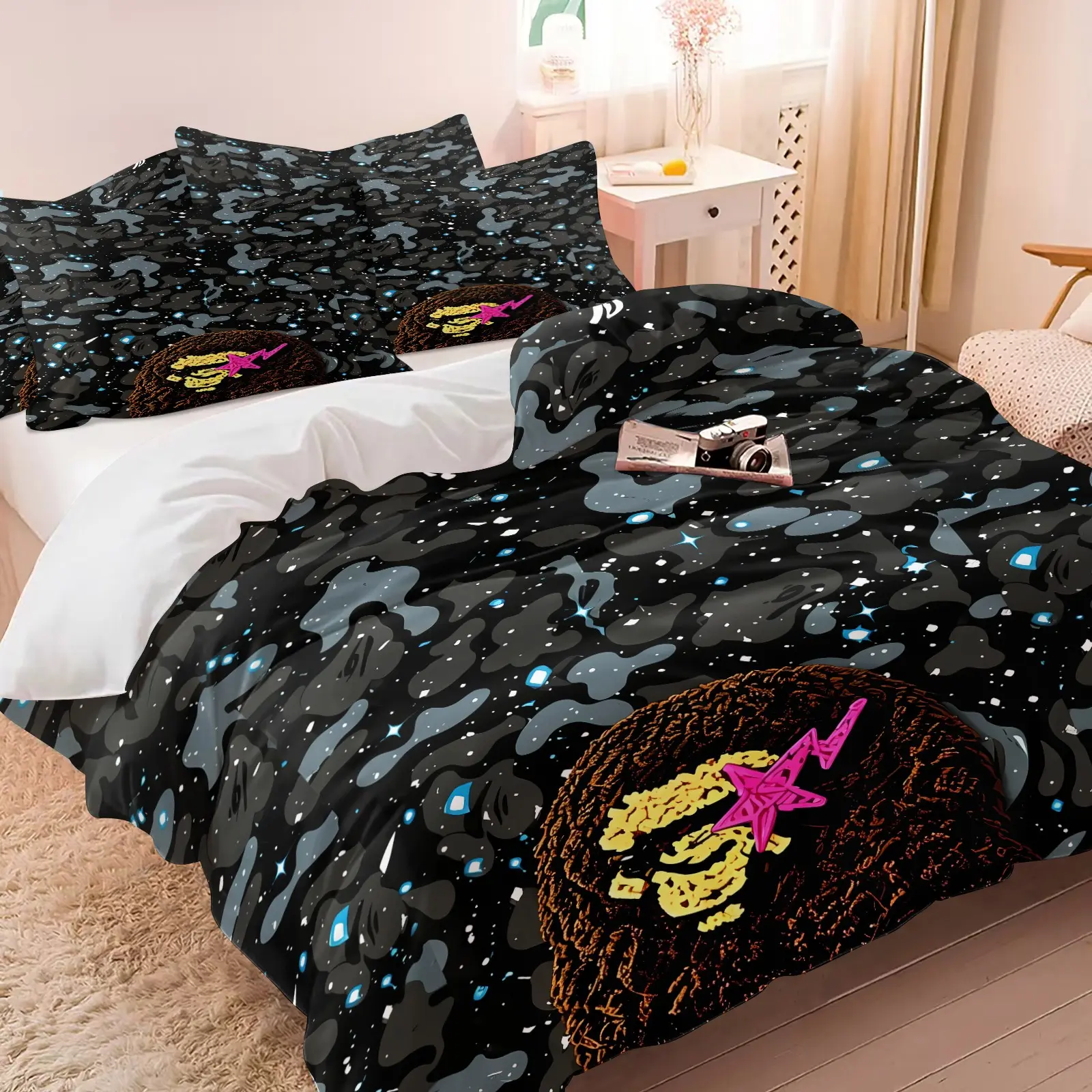 Streetwear Galaxy Grey Camo Ape Head Duvet Cover Set (1 Duvet Cover + 1-2 Pillowcases), Soft Breathable Bed Linen, Dark Camouflage Star Speck Monkey HD Digital Printed Vivid Pattern, Trendy Dark Cool Bedroom Decor for All Season Use