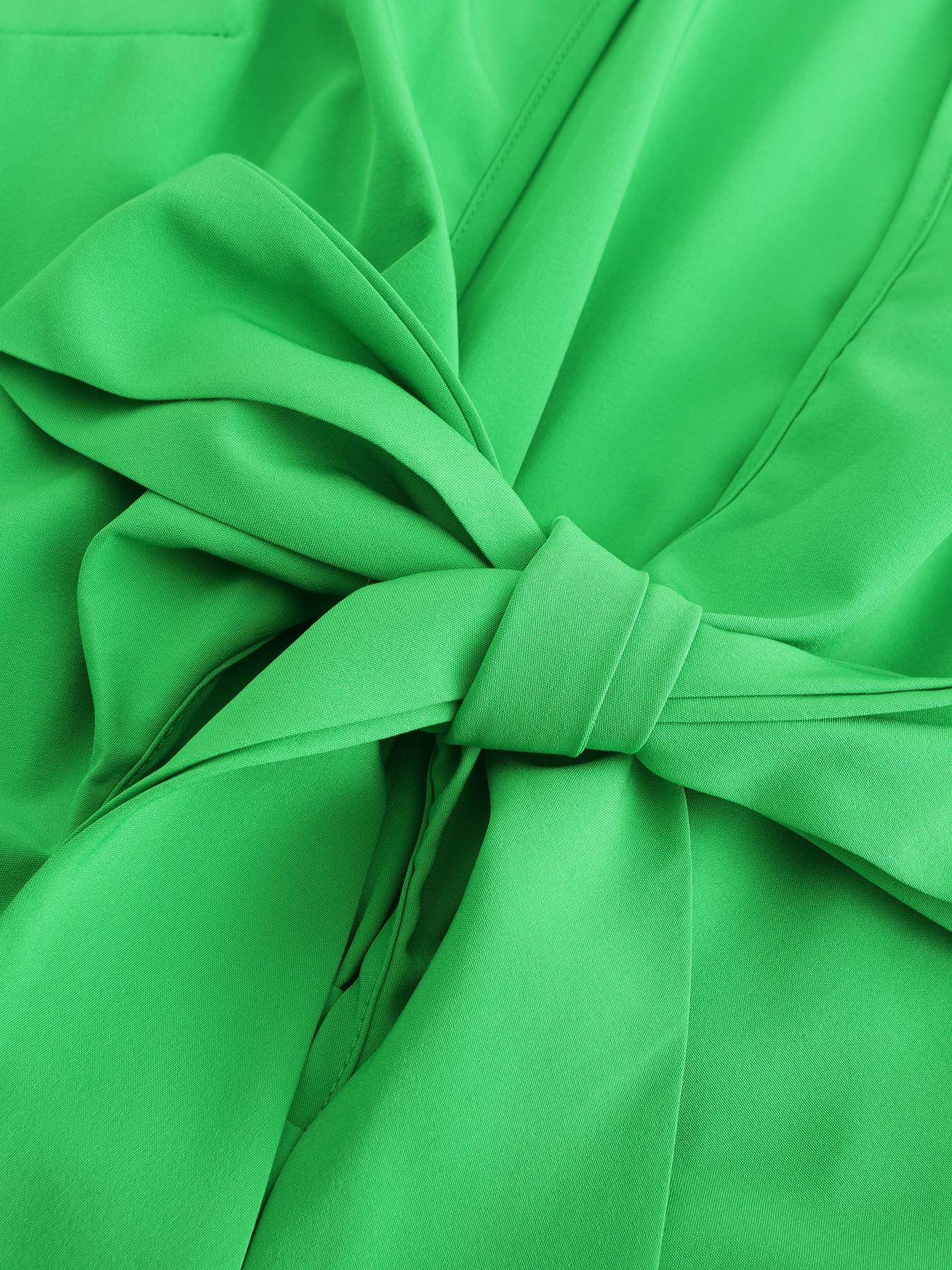 Women's Plain Pleated Knot Front Wide Leg Jumpsuit, Elegant Long Sleeve Collared Jumpsuit For Spring & Fall, Women's Clothes For Work Office Business