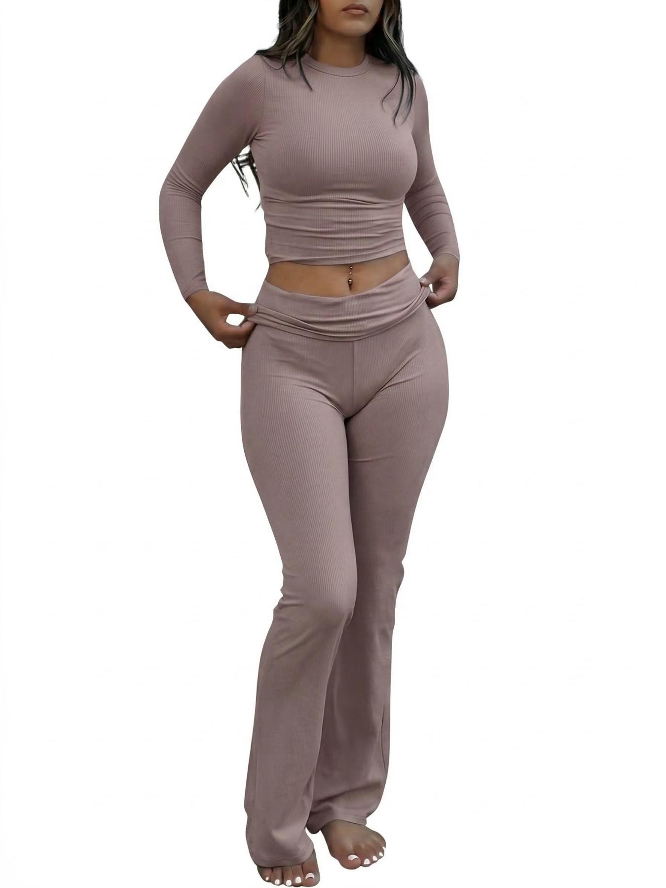 Women's Solid Long Sleeve Crop Tee & Flare Leg Skinny Pants Loungewear Set, Casual Round Neck Top & Bell Bottom Leggings, Sleepwear Set for Women
