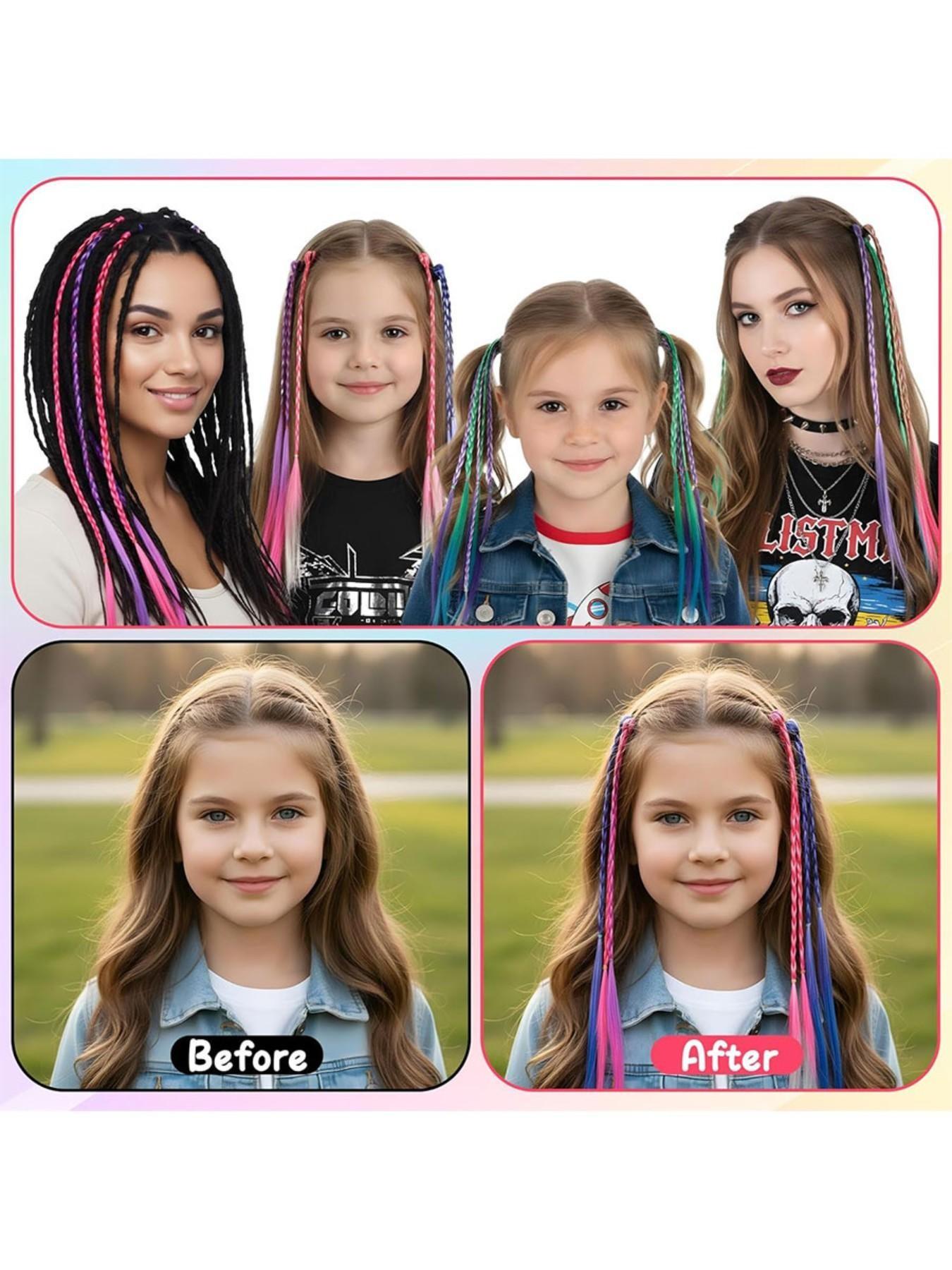 Girls' rainbow braid hair extensions, children's ponytail hair extensions, girls' hair accessories, challenging braid hair extension styles, 6 crazy accessory headbands