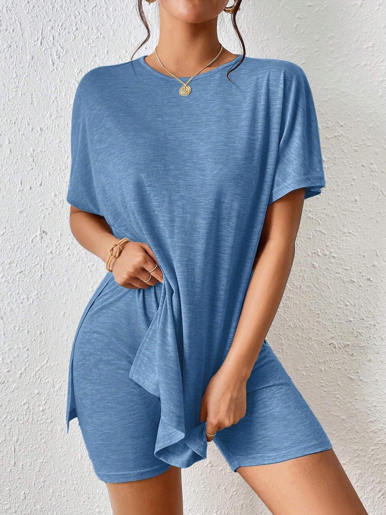 Women's Summer Casual Set, Batwing Sleeve Round Neck Top and Shorts, Plain Color, Comfortable Daily Wear, Trendy Youth Fashion, Womenswear