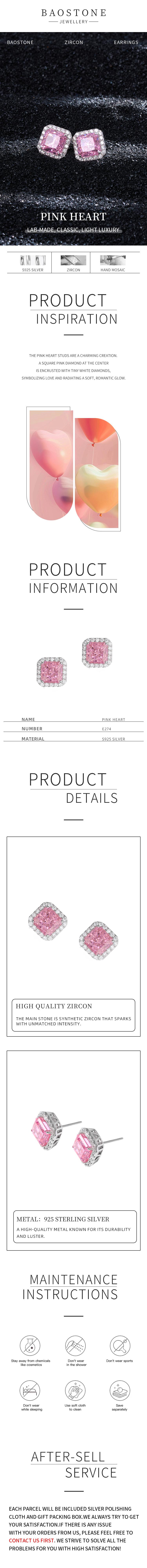 BAOSTONE Lab Created Artificial Gemstone 925 Silver Earrings-PINK HEART-#E274