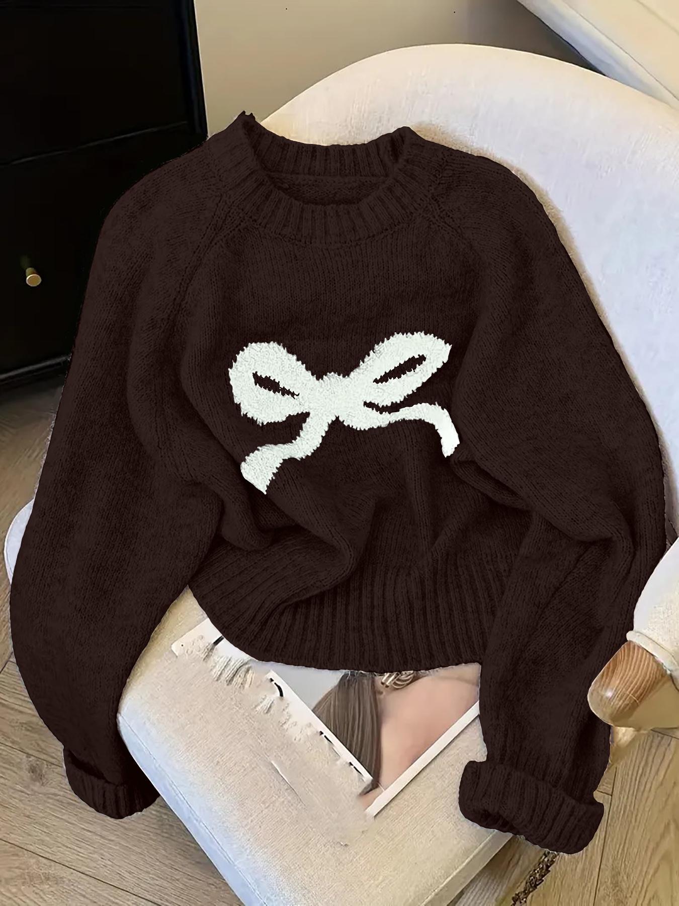 Women's Butterfly Knot Round Neck Sweater, Fall & Winter Thick Knit Top, Sweet Style Loose Fit, Elegant Cardigan for Valentine's Day, Womenswear, Knitwear