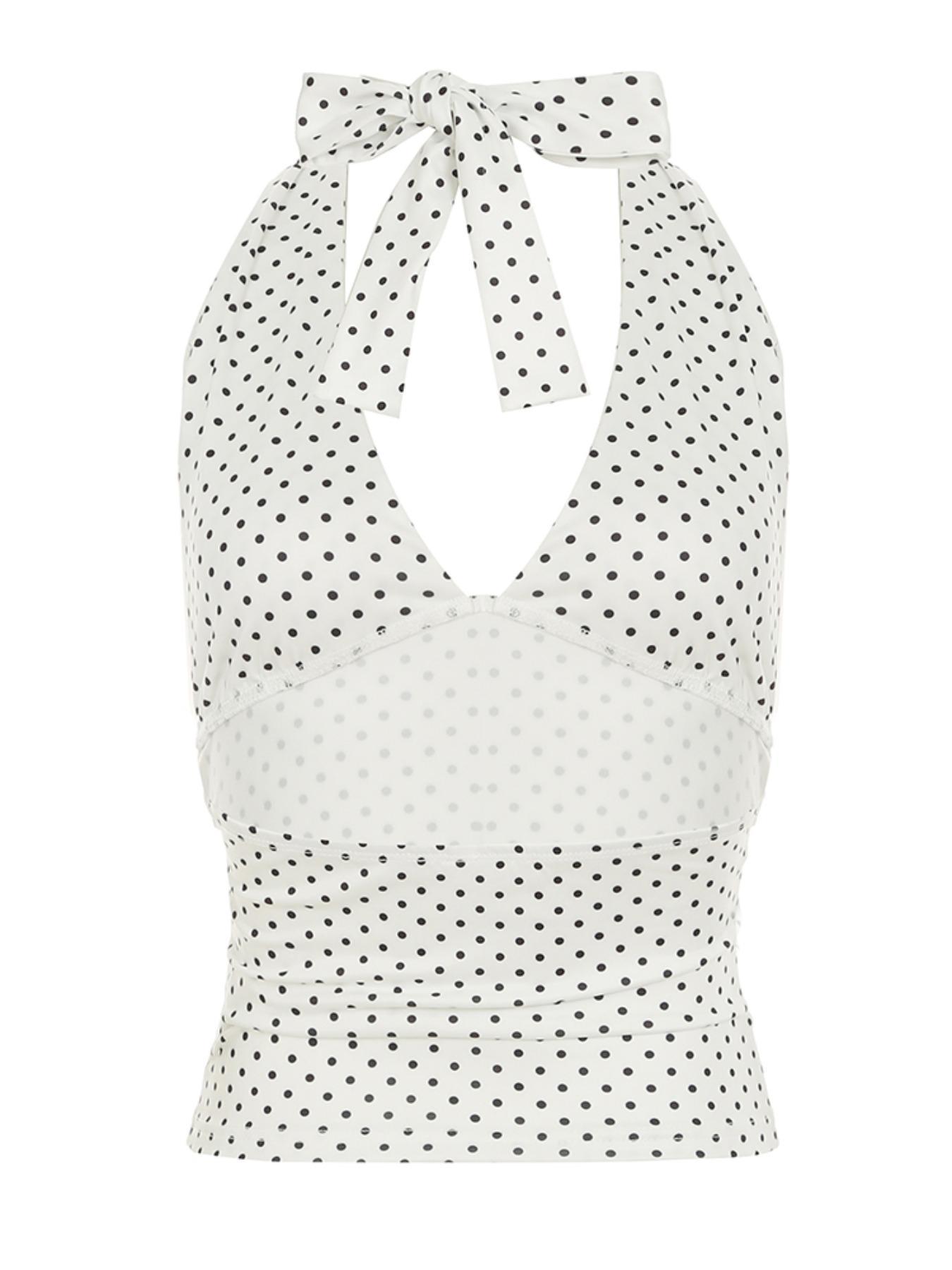 Women's Polka Dot Print Halter Neck Top, Casual Sleeveless Top for Summer, Women's Clothing for Daily Wear, Plunge Neck Top