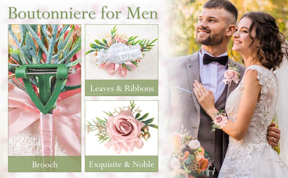 2 Pcs Blue Rose Wrist Corsage and Boutonniere Set, Rose Corsage Hand for Women, Boutonniere for Men Wedding Artificial Flowers Accessories Prom Decor, Wedding Flower Party Accessories (Blue)