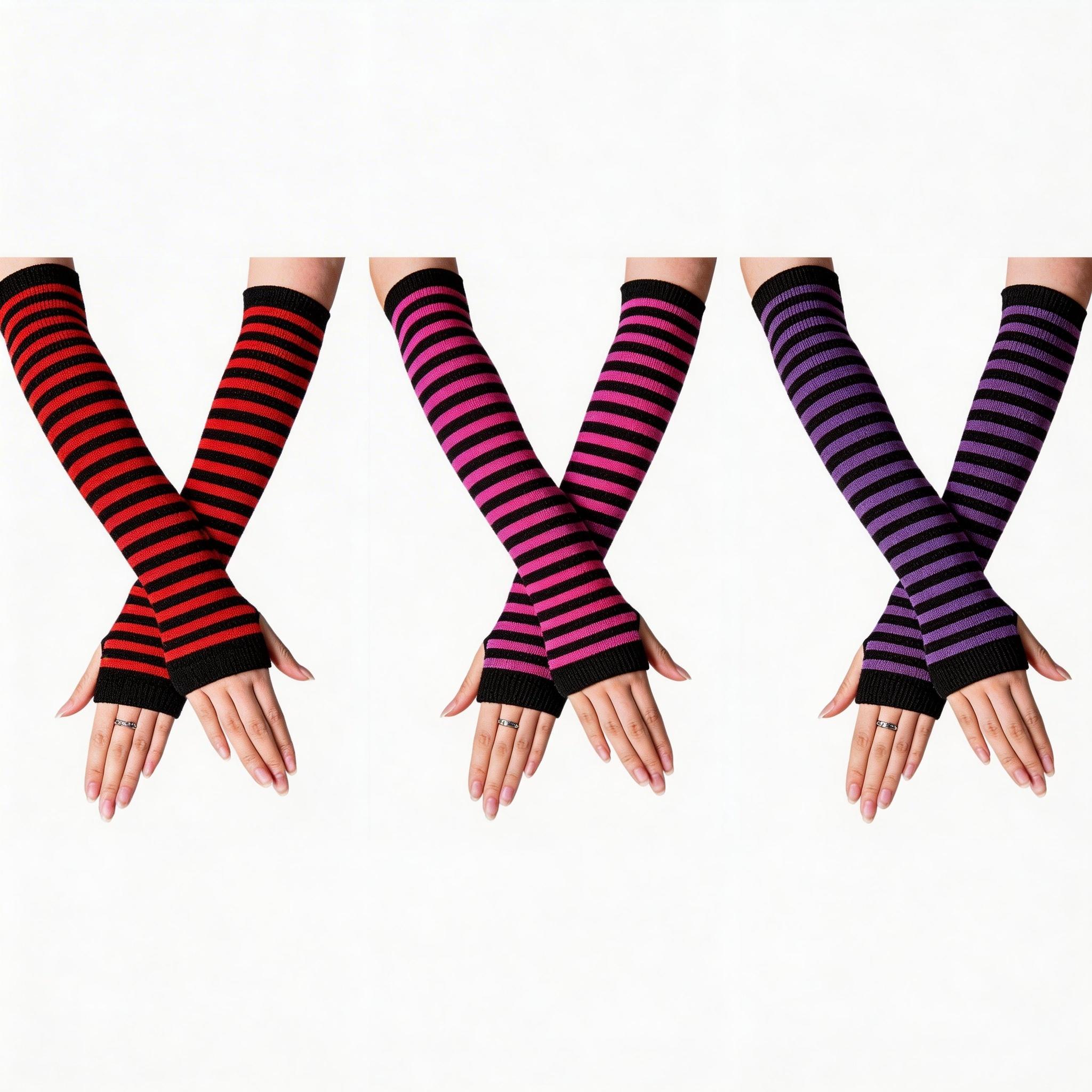 Women's Gothic Punk Striped Half-Finger Gloves, Knit Arm Warmers with Thumb Hole, Elastic Wrist and Arm Warmth, Fashionable Striped Design