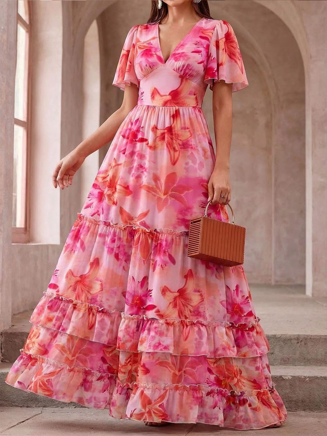 Summer Striped Dress, Layered Cake Dress, V Neck Long Dress, Bell Sleeve, a Line, Ruffle, Elegant, Casual, Retro, Vacation, Commute, Travel