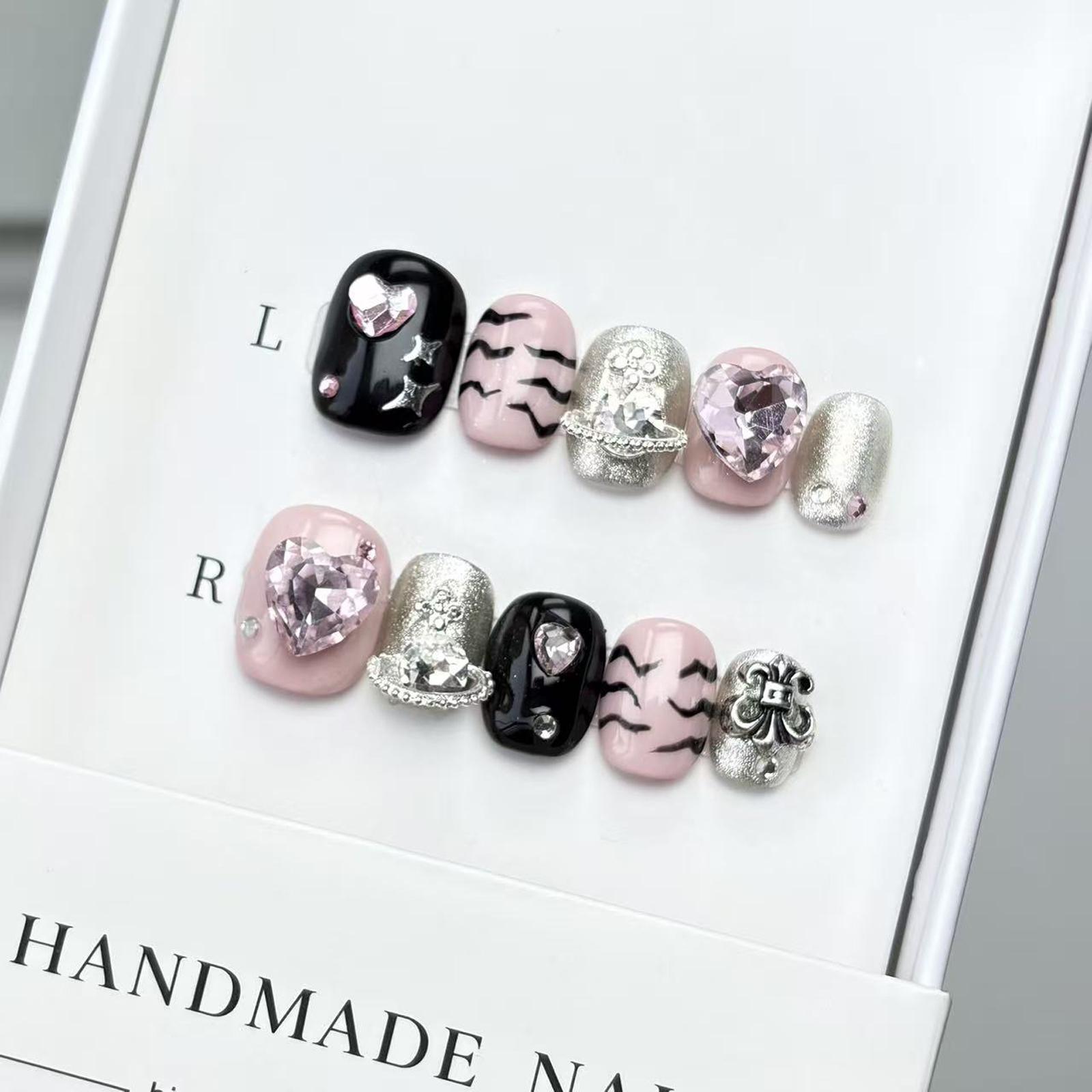 Luxury Nail Freedom! Black Pink Edgy Exquisite Hand-Painted Heart Diamond Press On Fake Nails, Get Baddie Nails In 5 Mins, No Salon Needed