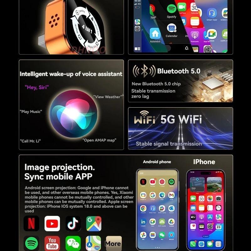 2026 New 4-in-1 CarPlay Wireless Adapter - iPhone/Android Compatible | Fast Connection, Hands-Free Calling, AirPlay, Mirror Link, Netflix, Youtube type-c adapter Bluetooth 5.0 fast transmission, ultra-HD stereo sound