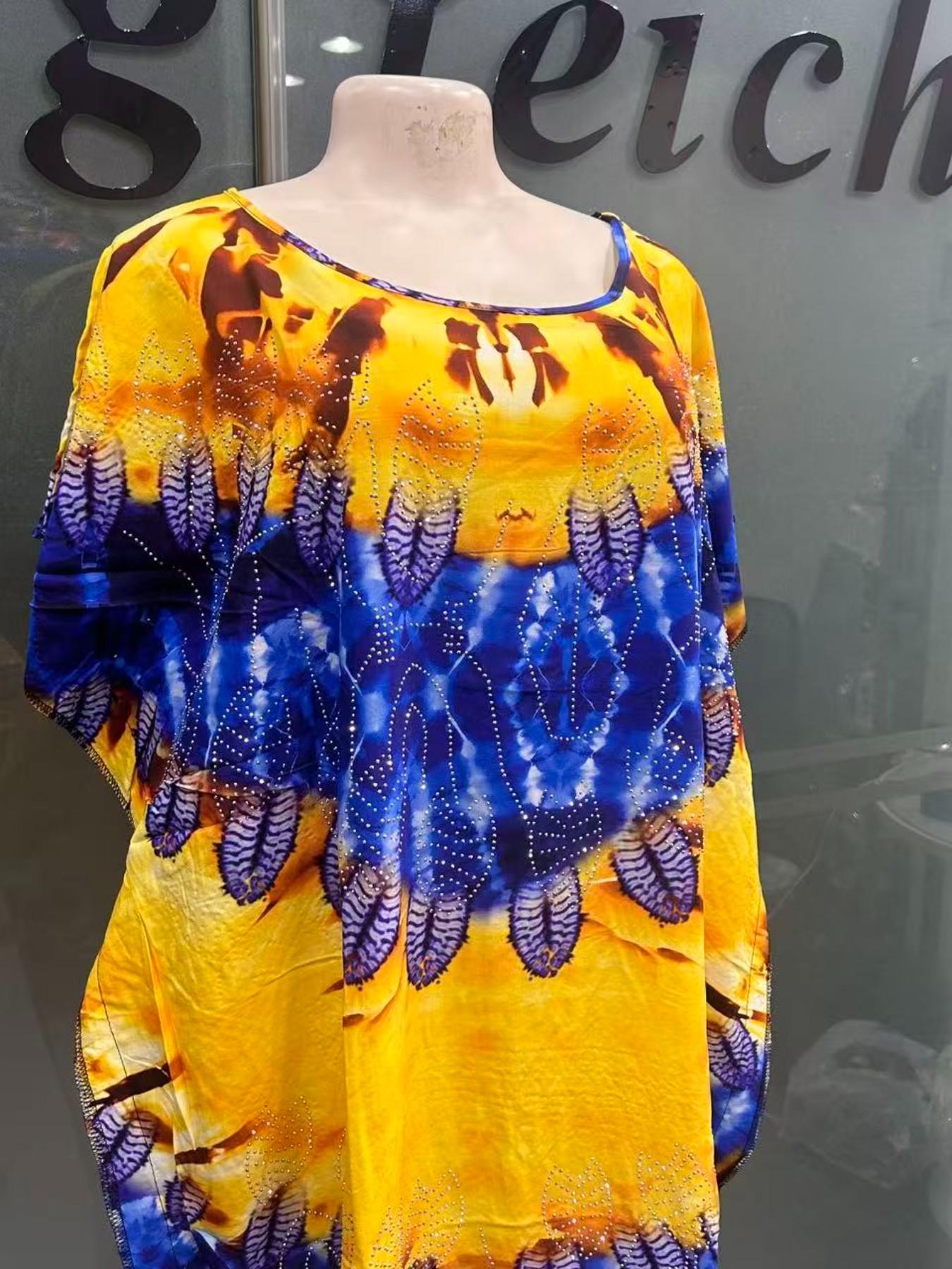 Summer New Fashion African Kaftan, Plus Size Loose Print Rhinestone Dress, Breathable Comfortable Elegant Party Long Dress, Matching Scarf Fringe