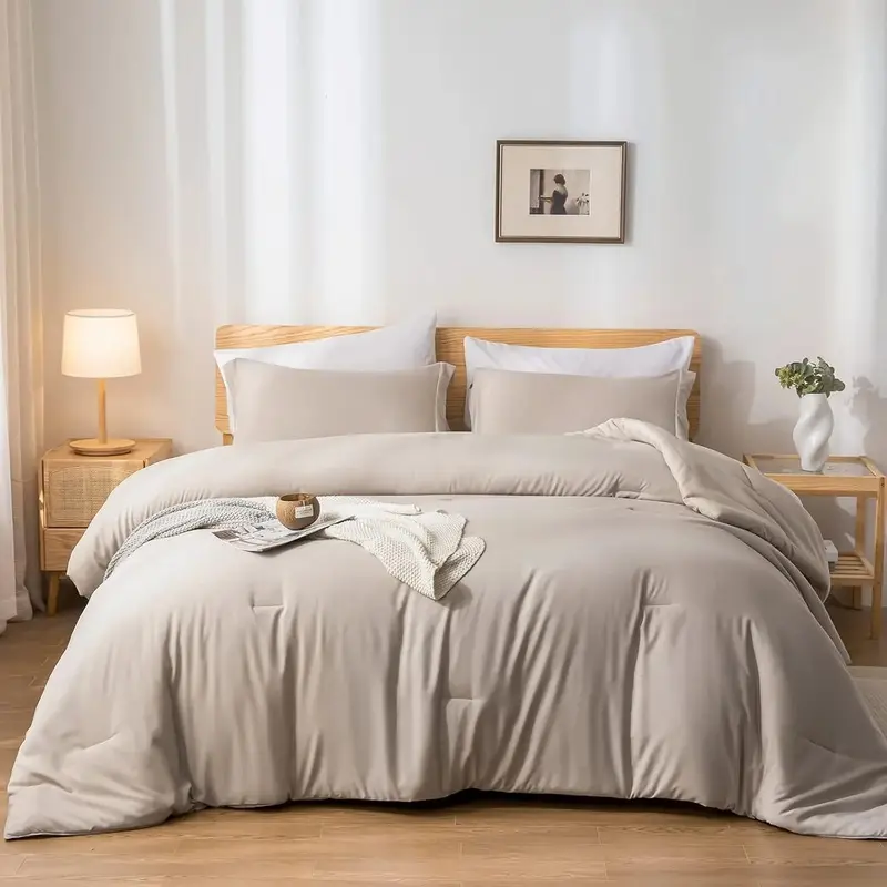 7-Piece Modern Polyester King Bed Comforter Set, Stain Resistant All-Season Soft Linen Grey Bed-in-a-Bag with Sheets, Pillowcases, and Shams, 7-Pieces