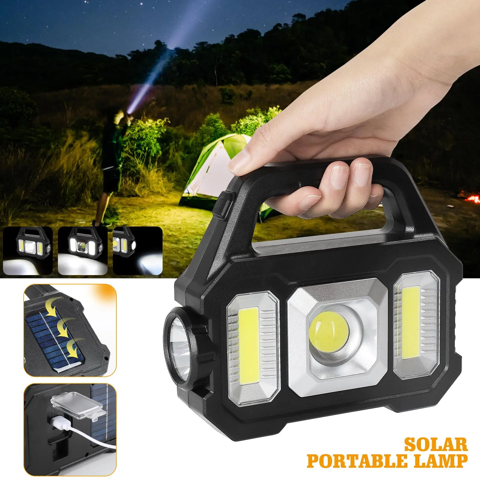 Solar Rechargeable LED Handheld Work Light, Portable Spotlight Flashlight with Solar & USB Charging, 6 Light Modes, Emergency Camping Lamp with Power Bank Function