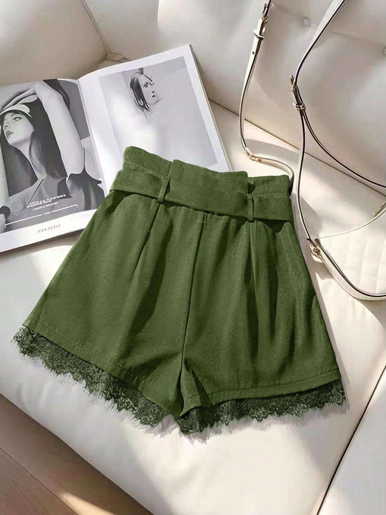 Women's Summer Shorts Elegant Series Fashion Versatile (with Belt), Fitted Design Contrast Lace, Plain Pattern Short Pants