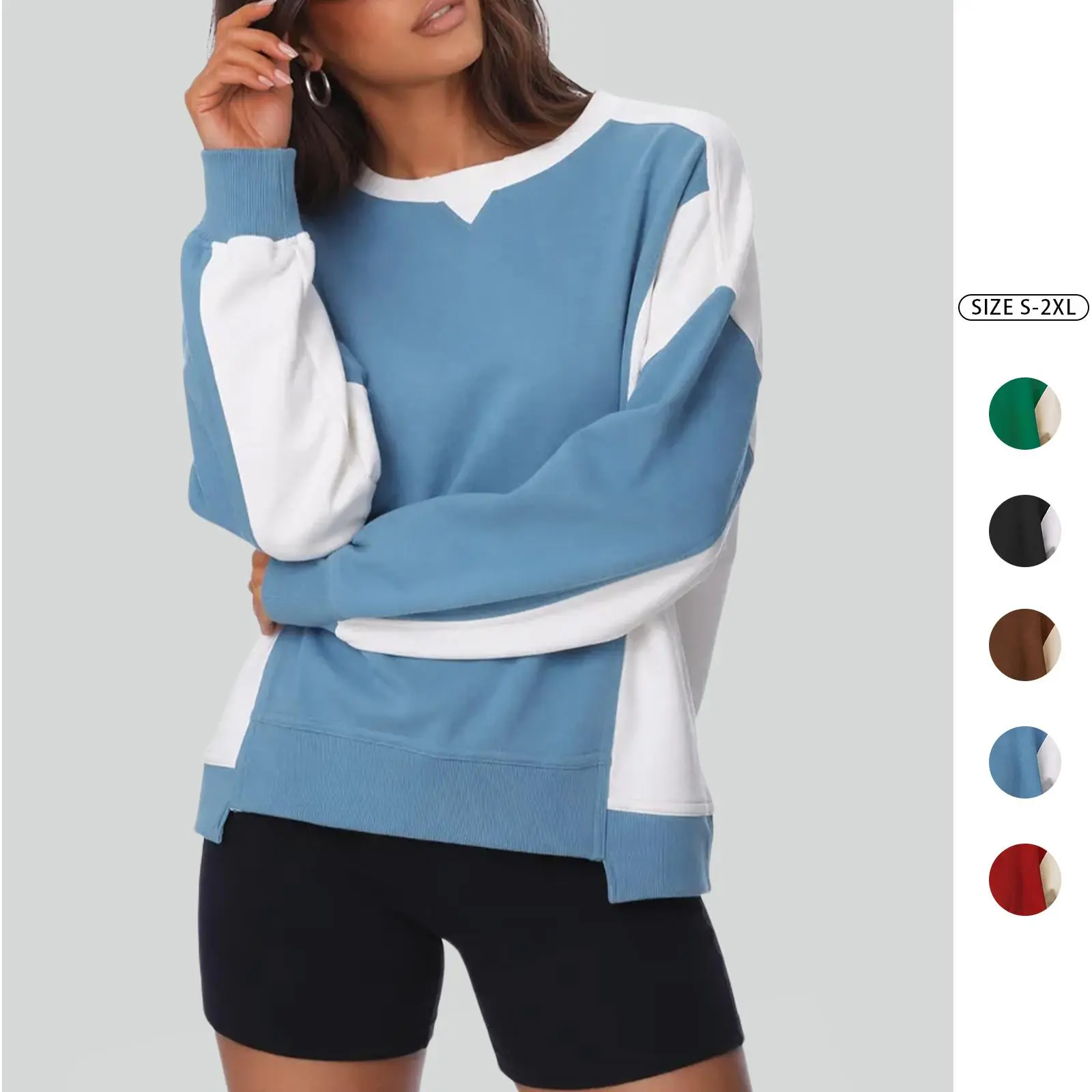 Imily Bela Women Contrast Patchwork Sweatshirt Oversized Round Neck Soft Daily Basic Jumper
