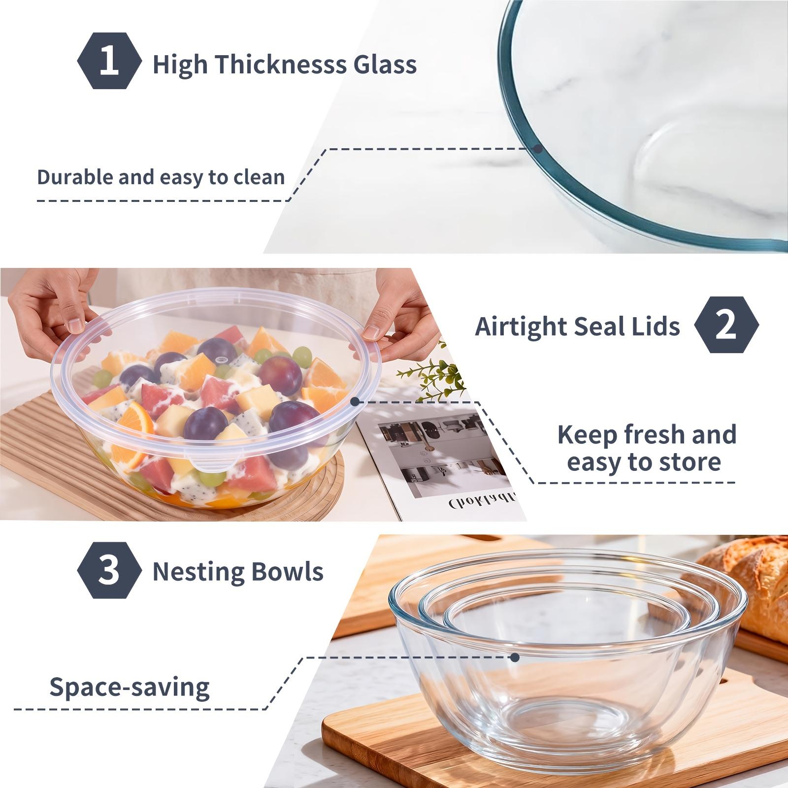 Glass covered mixing bowl set with large capacity salad bowl, suitable for baking and cooking, can enter preheated oven, dishwasher, freezer and microwave oven, Salad Serving Bowls