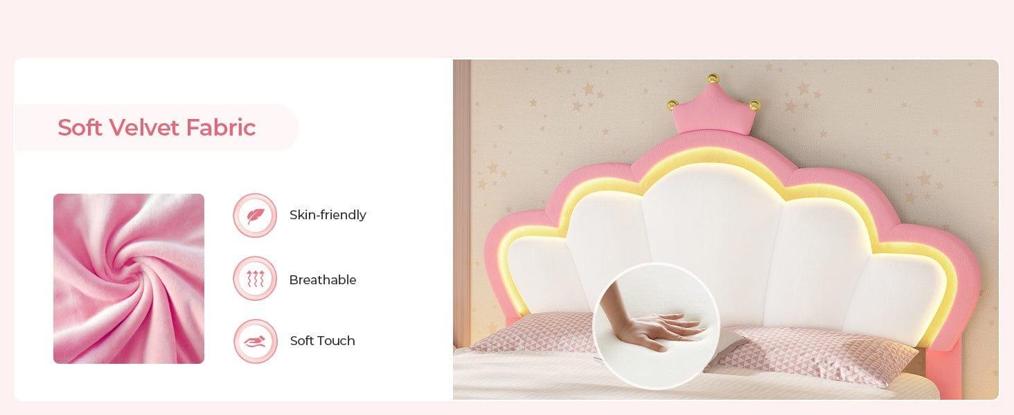 Sikaic Bed Frame with Princess Crown and LED Velvet Upholstered Platform Pink Modern Bed Frame with Adjustable Headboard, No Box Spring Needed gift for teen girl Sikaic Bed Frame with Princess Crown and LED Velvet Upholstered Platform Pink Modern Bed Frame with Adjustable Headboard, No Box Spring Needed gift for teen girl