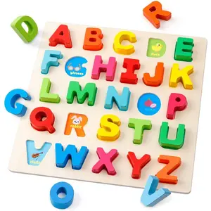 Wooden Alphabet Puzzle – ABC Letters Sorting Board Blocks Matching Game Jigsaw Educational Early Learning Toy Gift  Preschool Year Old Kids