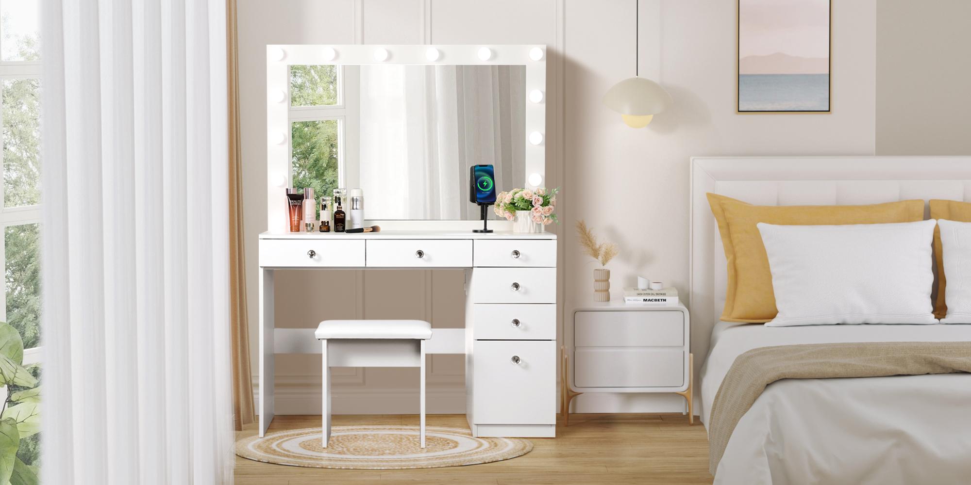 VOWNER Makeup Vanity Desk Set With Large Mirror, power outlet ,3 Color Of Light, 5 Drawers and 1 Cabinet For Storage, for bedroom, white VOWNER Makeup Vanity Desk Set With Large Mirror, power outlet ,3 Color Of Light, 5 Drawers and 1 Cabinet For Storage, for bedroom, white