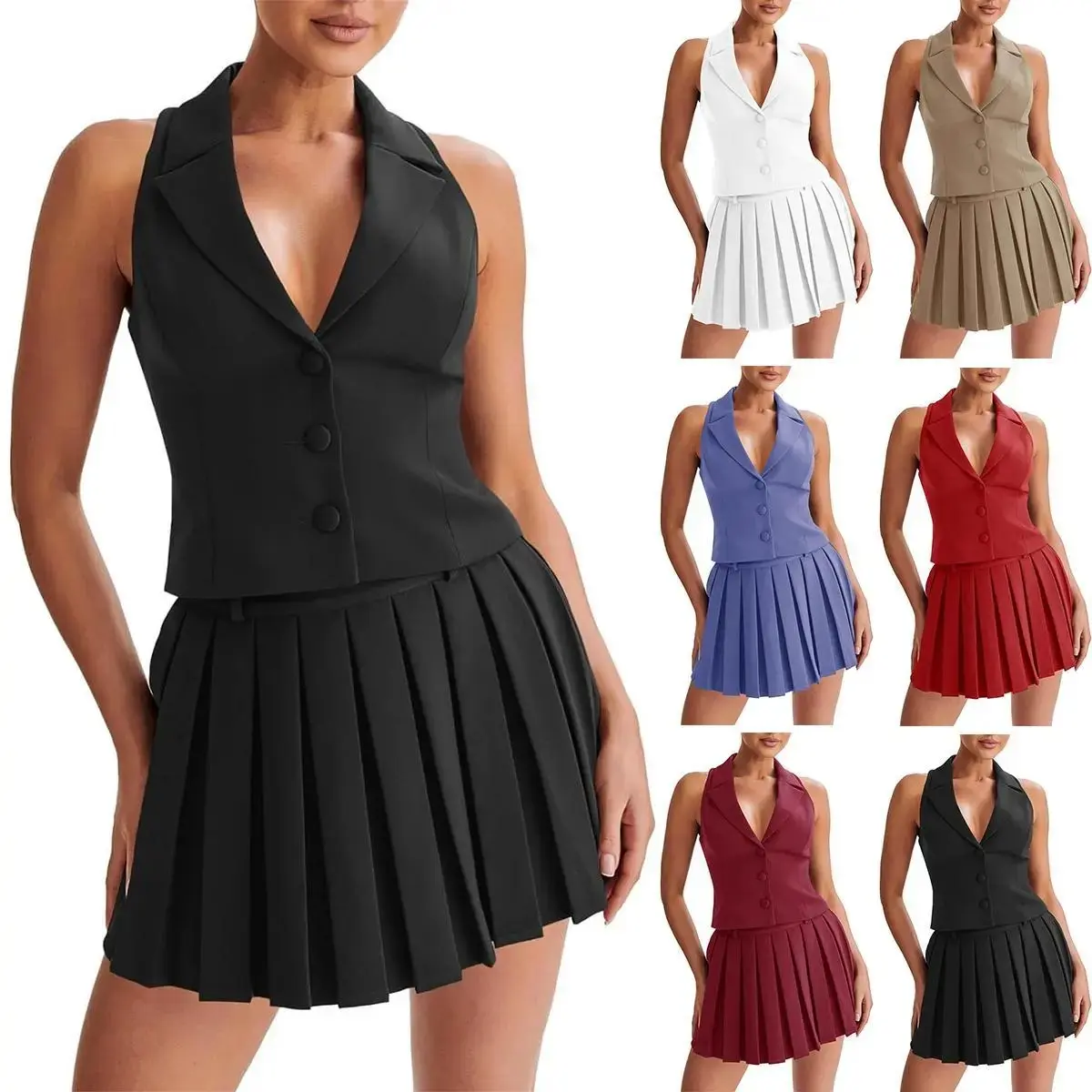 Minimalist Solid 2-Piece Skirt Set for Lady, Chic Sleeveless V-Neck Longline Blazer Vest and Pleated Mini Skirt, Longline Cut