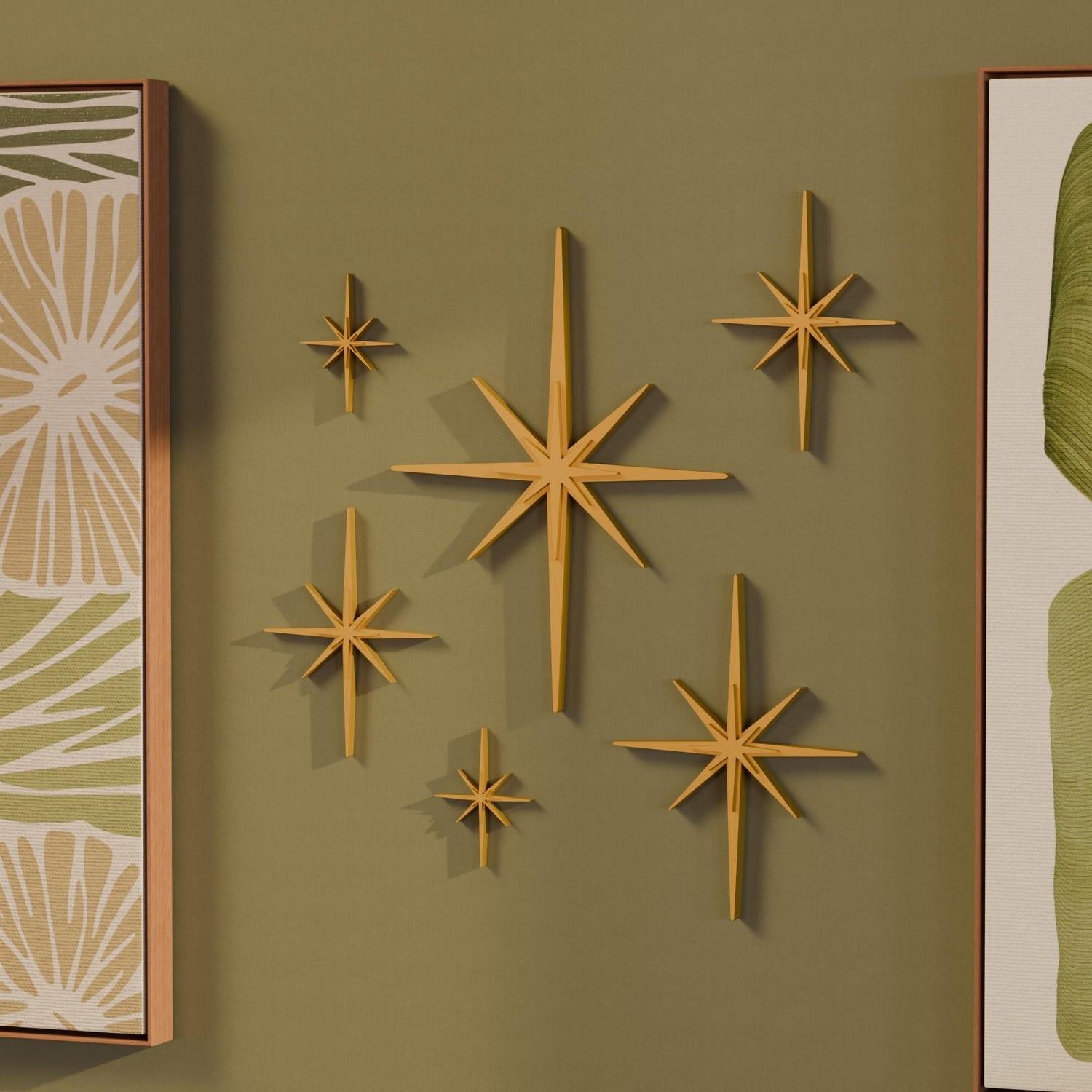 Mini Elongated Mid Century Modern Starburst Wall Decor Set of 6, Indoor ...