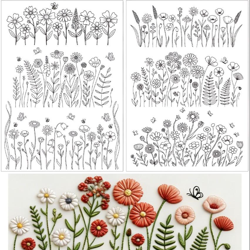 4 Sheets Preprinted Flower Embroidery Pattern Paper,Self-Adhesive Water Soluble Stabilizer Kit with Floral, Botanical & Alphabet Designs, Complete with Embroidery Floss & Needles for DIY Handmade Craft Supplies