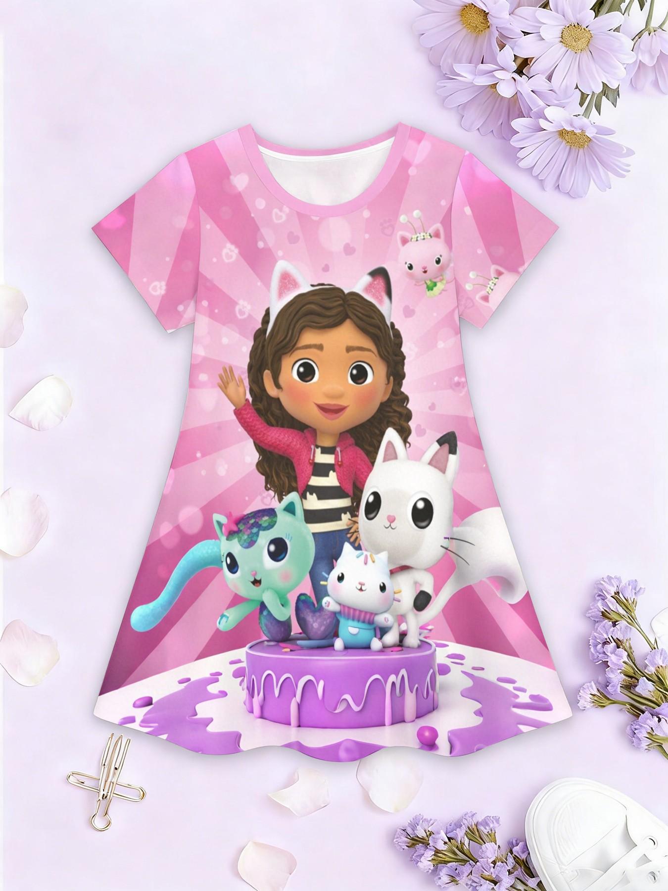 Girls' Gabby Doll Party A-Line Dress, Cartoon Sweetie Short Sleeve Dress, Fashion Outdoor Wear, Birthday Gift, Holiday Gift
