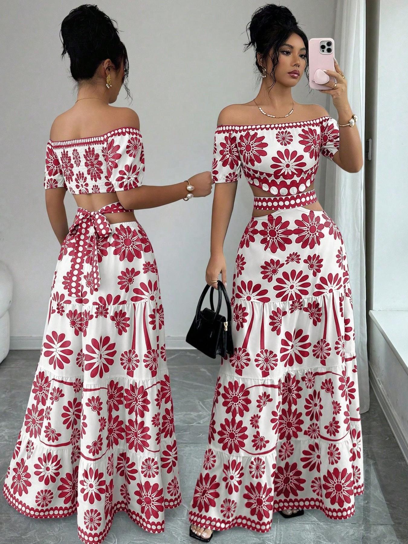Women's Floral Print Off-Shoulder Short Sleeve Hollow Out Waist Fashion Chic Dress, Tropical Vacation Women's Dress, Long Dress for Summer